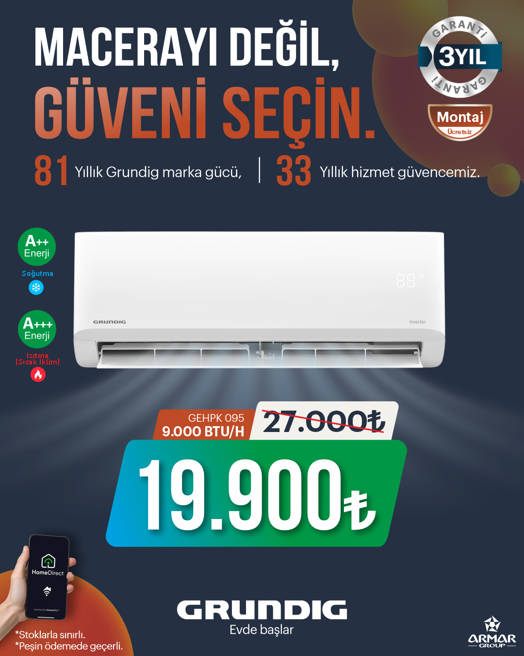 GEHPK 095 - Grundig 9000 BTU Inverter A+++ / A++ Wi-Fi Beyaz Split Klima
