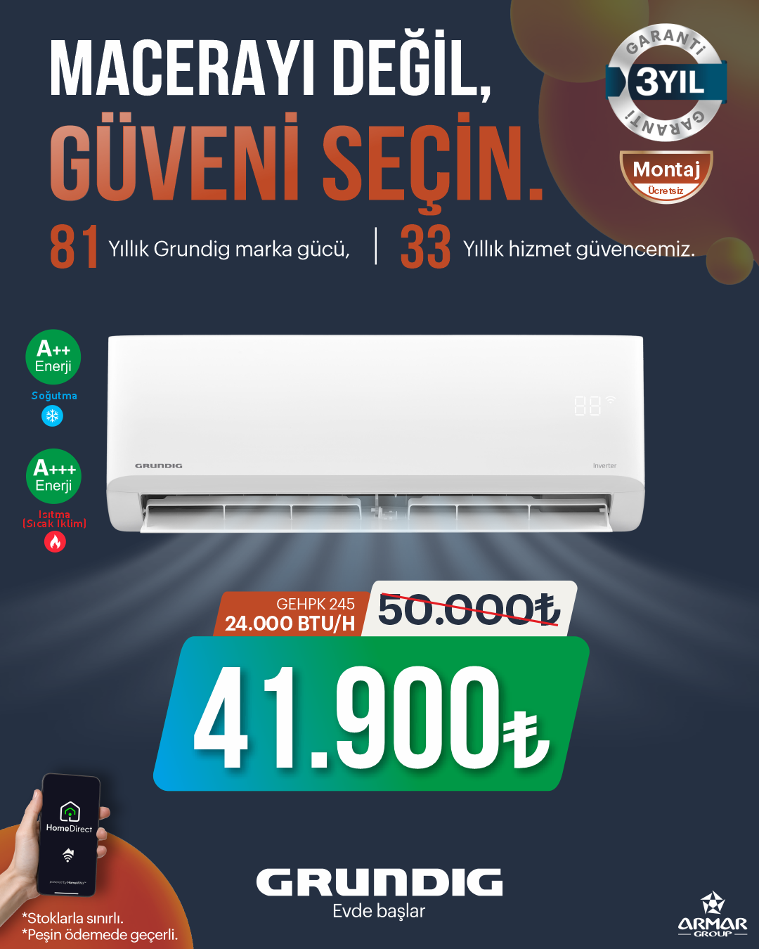 GEHPK 245 - Grundig 24000 BTU Inverter A+++ / A++ Wi-Fi Beyaz Split Klima