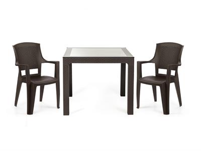 Flora Kollu Plastik Sandalye Rattan Sırt Örgü Desenli Kahve