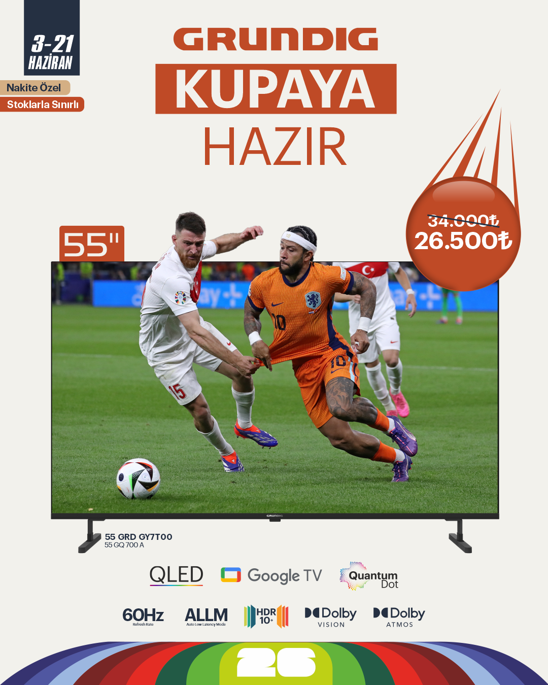 55 inch Grundig Google QLed TV 60Hz / 55GRD-GY7T00 (55 GQ 700A)