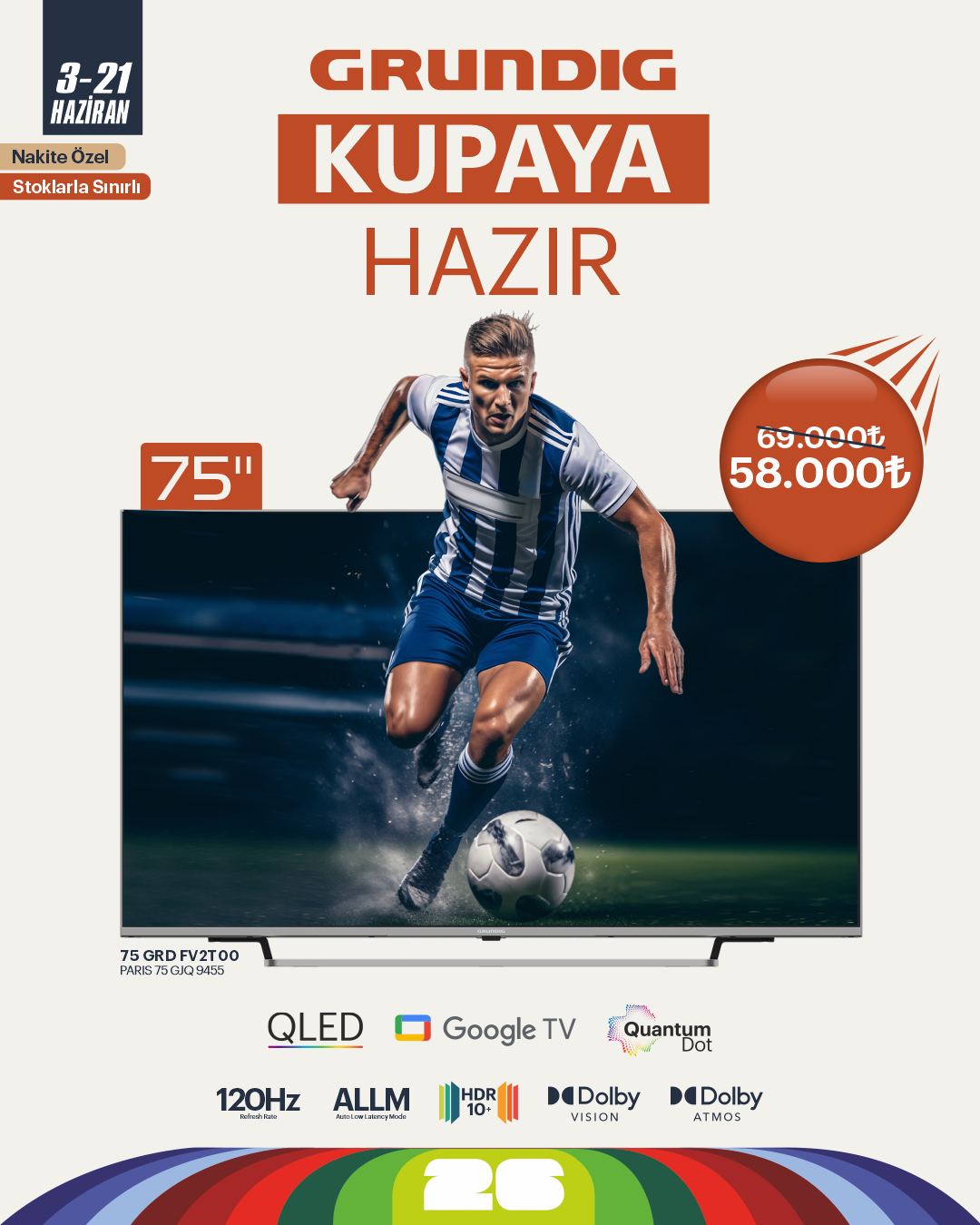 75 inch Grundig Google QLed TV 120Hz / 75GRD-FV2T00 (PARIS 75 GJQ 9455)