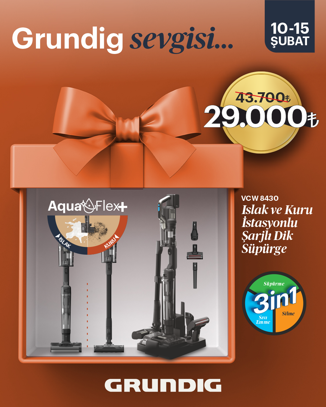 VCW 8430 Grundig AquaFlex+™ Toz Torbasız Islak / Kuru Şarjlı Dik Süpürge