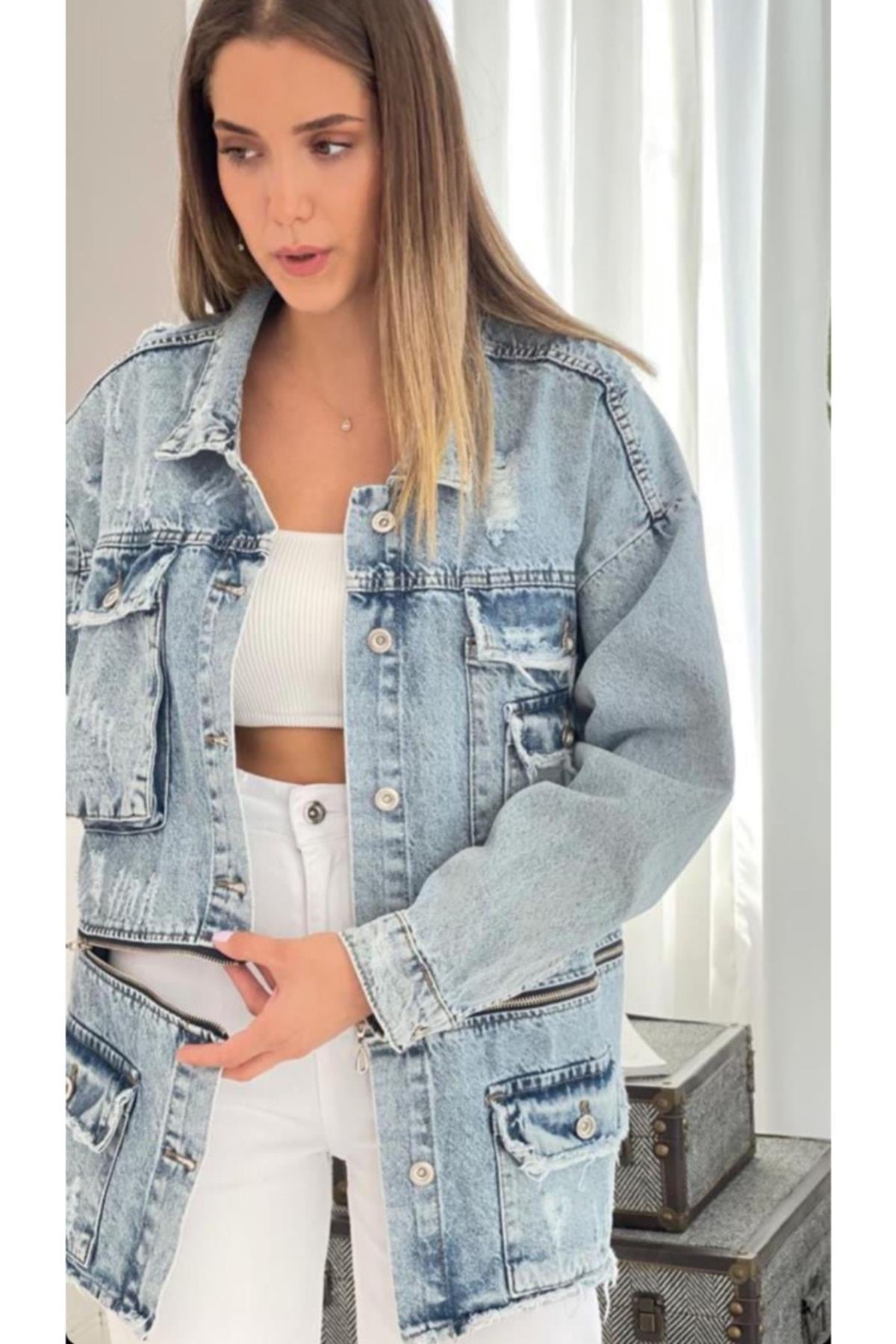 Kadın Fermuar Detaylı Cepli Mavi Denim Ceket