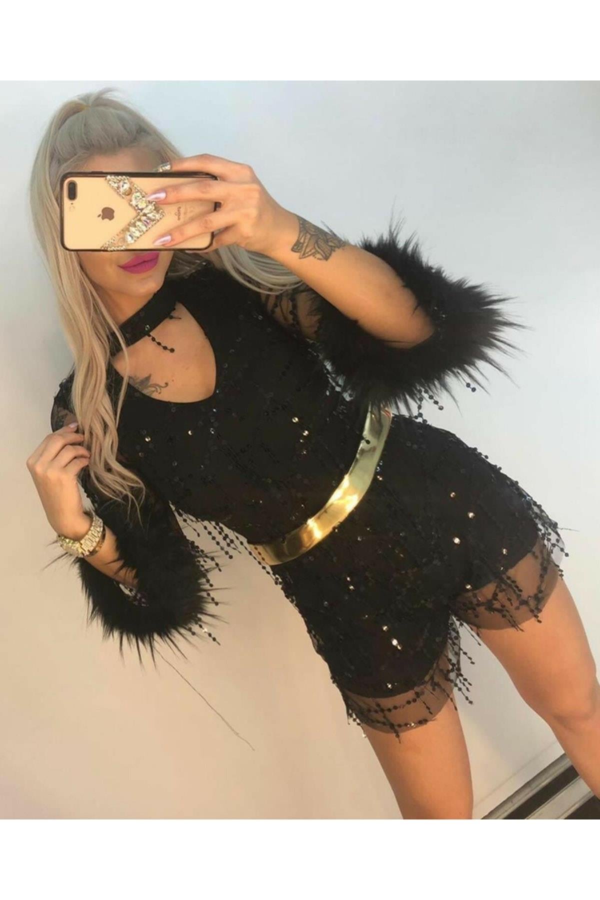 Kadın Pul Payetli Şortlu Tulum