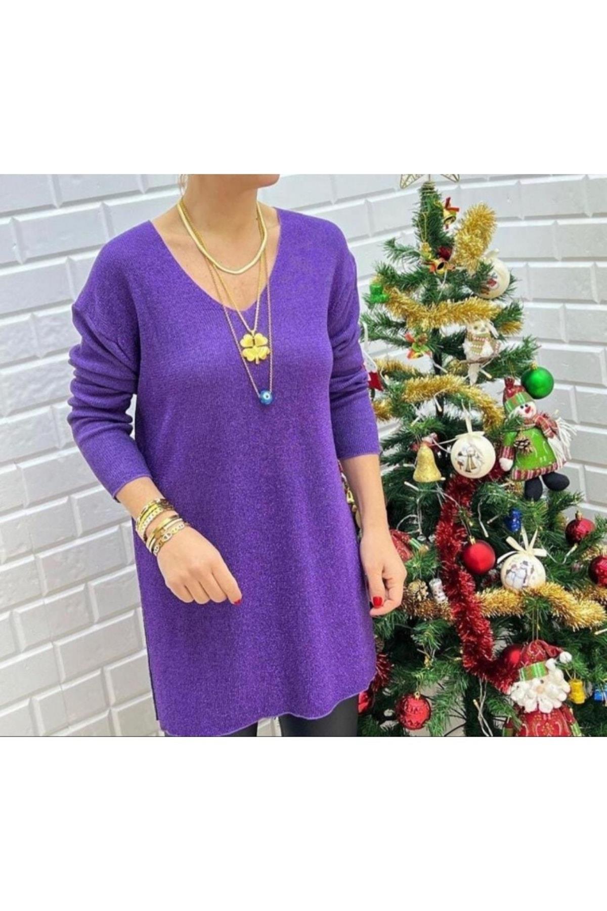 Kadın Yanları Yırtmaçlı Simli Mor Triko Bluz