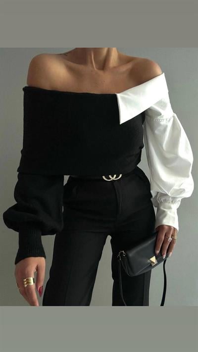 Gömlek Yaka Detaylı Siyah Triko Kazak