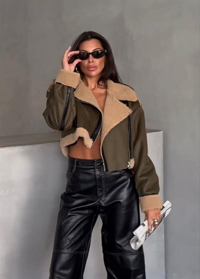 İçi Kürklü Haki Mini Mont