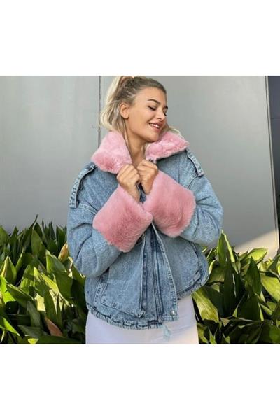 Mavi İçi Ve Yakası Pembe Kürklü Jean Mont