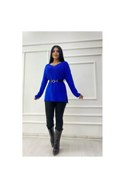 Simli Yanları Yırtmaçlı Saks Triko