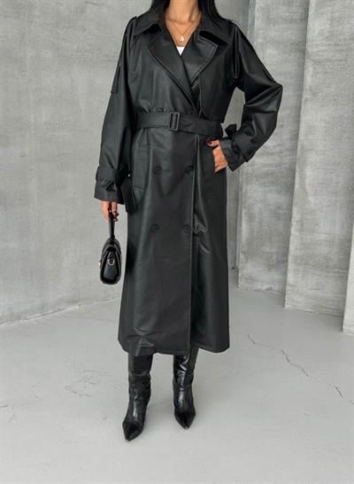 Siyah Mat Deri Trençkot