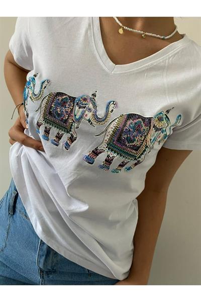 V Yaka Fil Desenli Beyaz Pullu Tasarım Tişört
