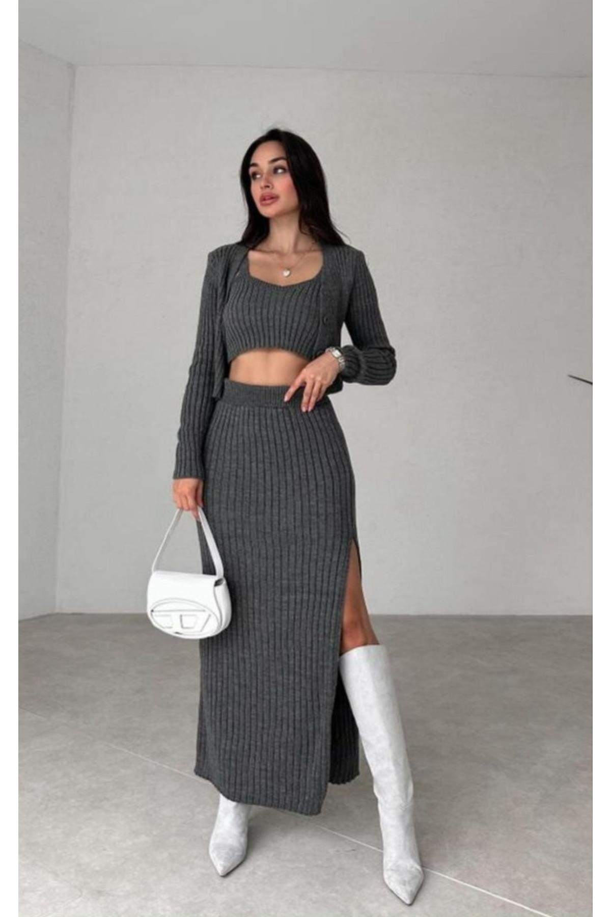 Antrasit Triko Üçlü Takım