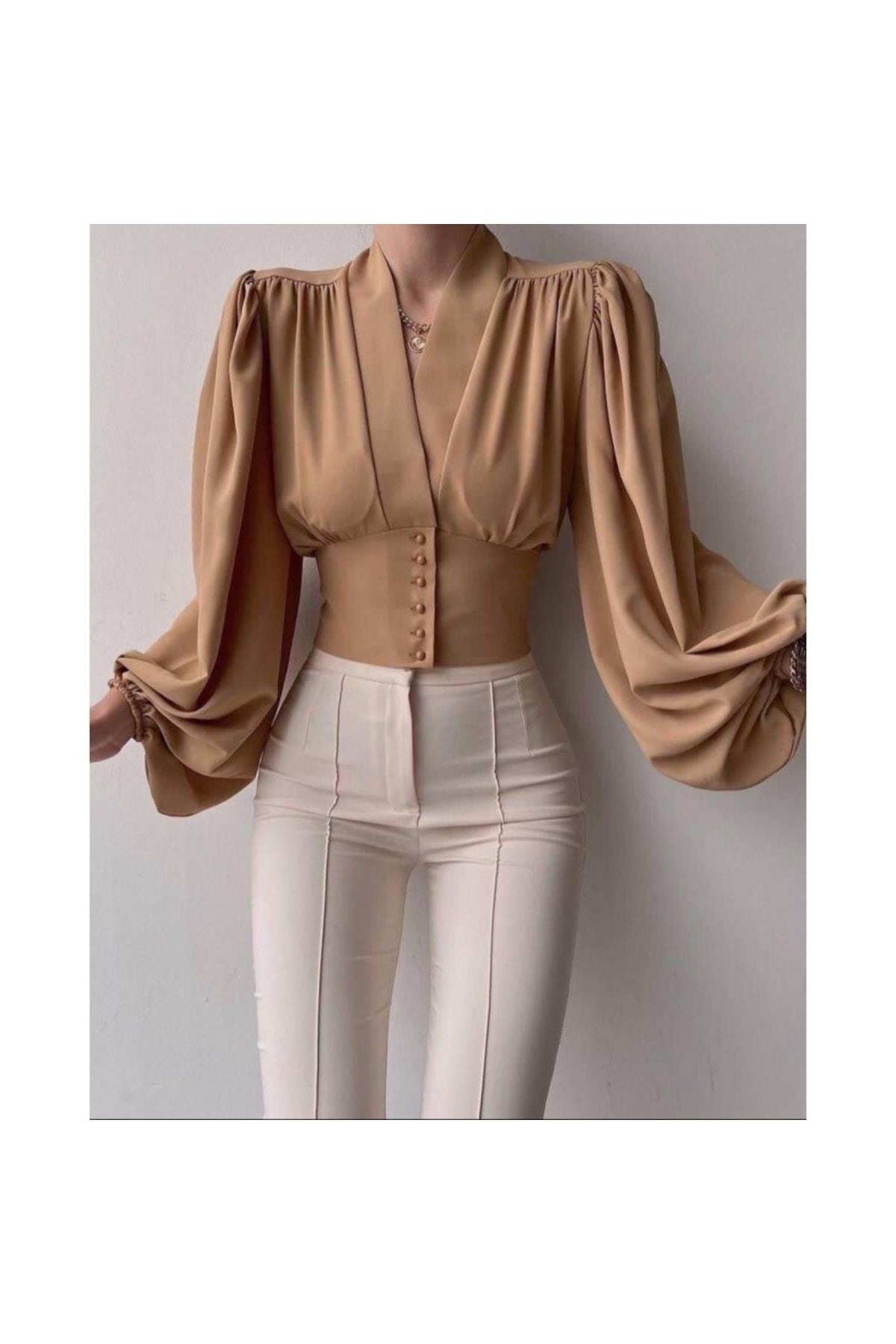 Bel Korsajlı Düğme Detaylı Bluz Camel