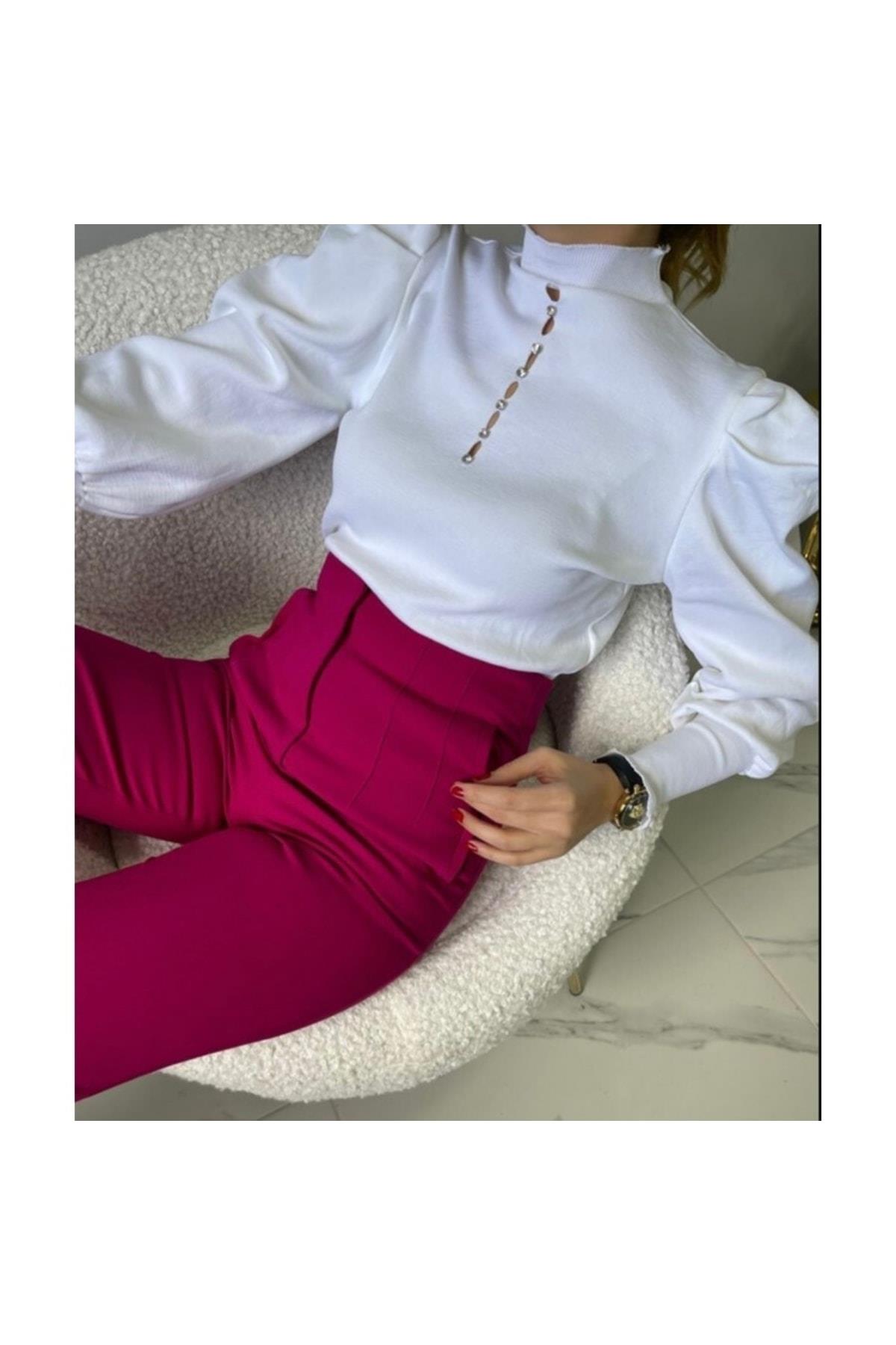 Beyaz Prenses Kol Yaka Taş Detaylı Triko