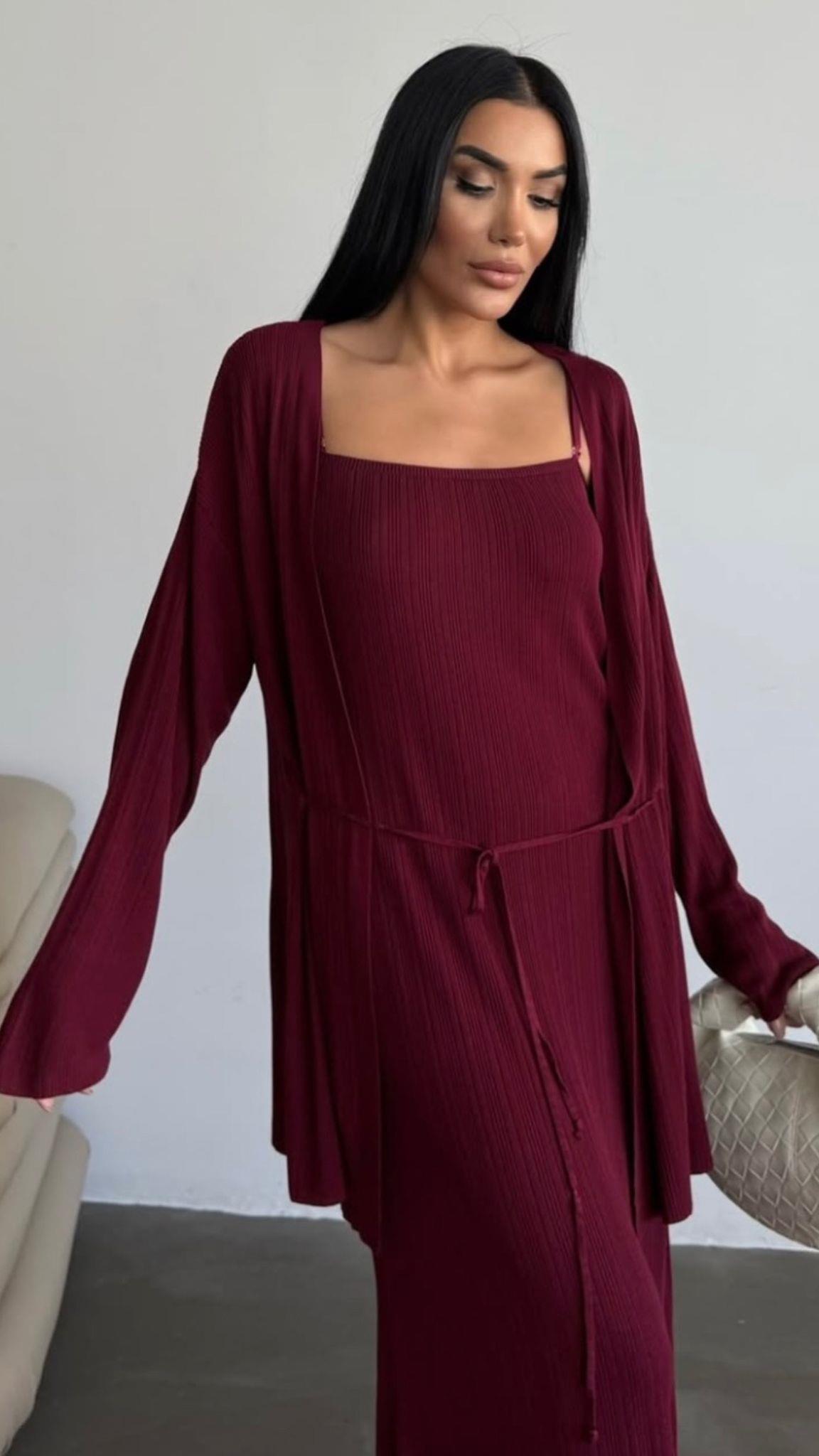 Bordo İp Askılı Elbise Hırka 