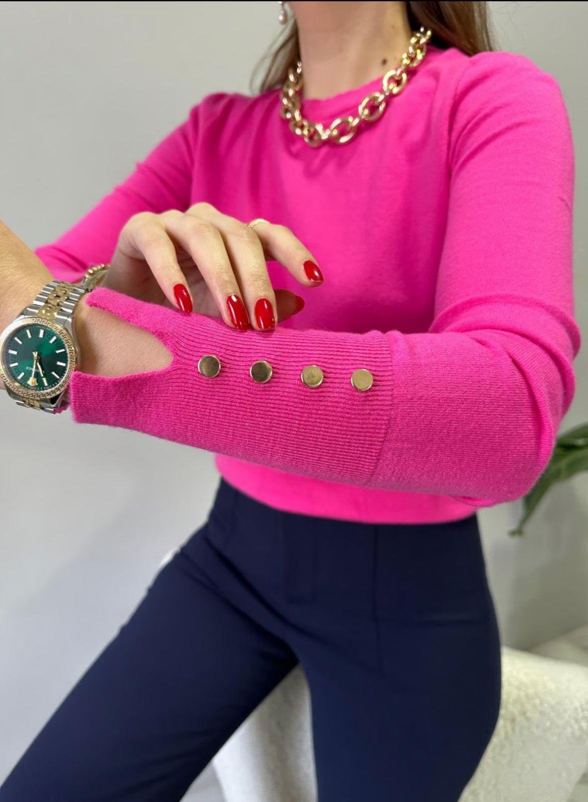 Düğme Detaylı Pembe Triko