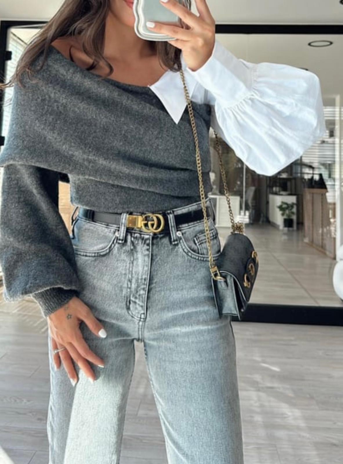 Gömlek Yaka Detaylı Antrasit Triko Kazak