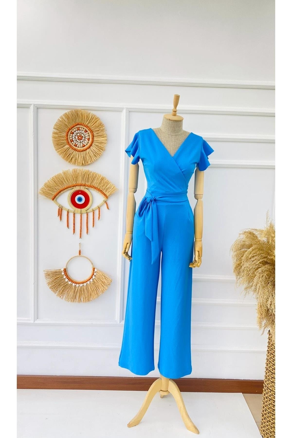 Kadın Beli Bağlamalı Kolları Volanlı Fuşya Tulum