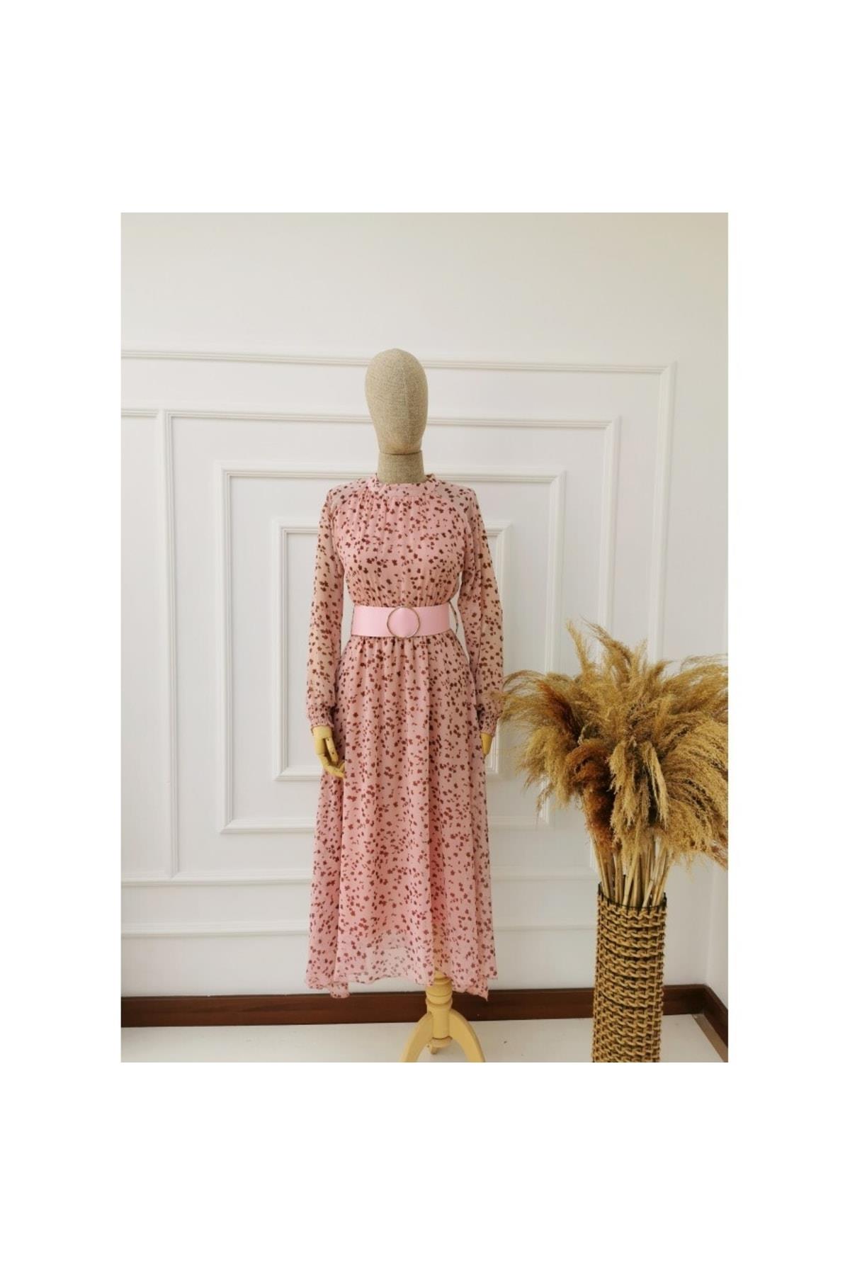 Kadın Beli Kemerli Pembe Çiçekli Elbise