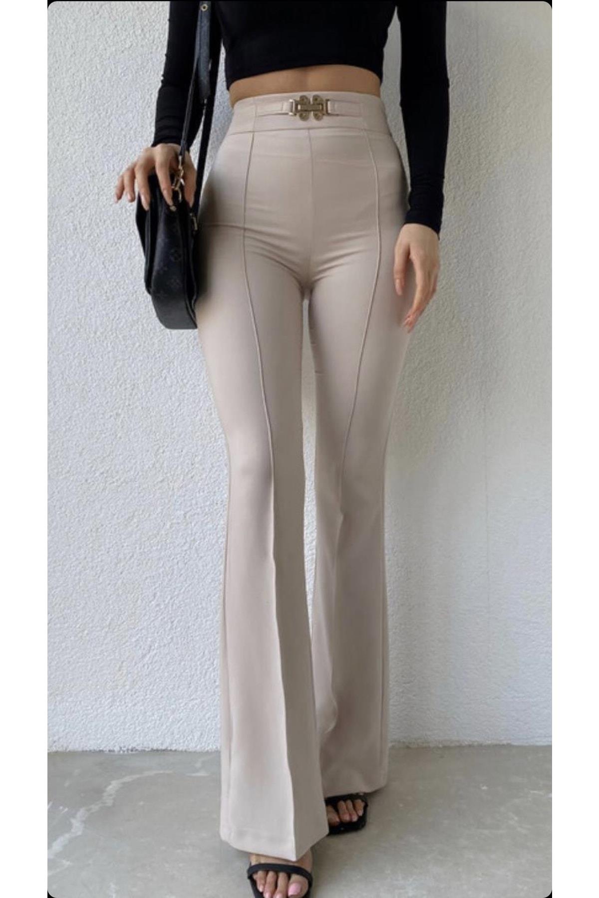 Kadın Beli Tokalı Ispanyol Paça Krem Pantolon