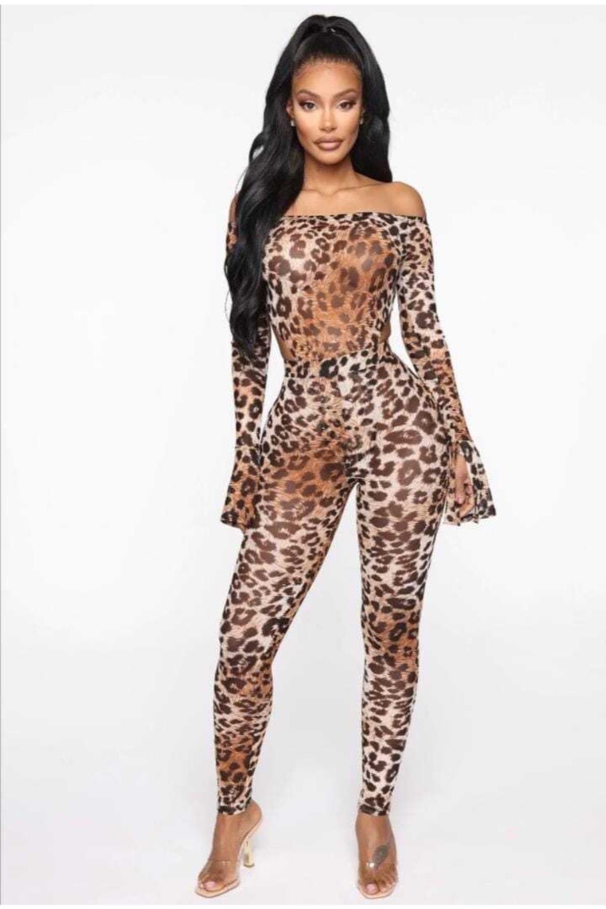 Kadın Dekolteli Leopar Tulum