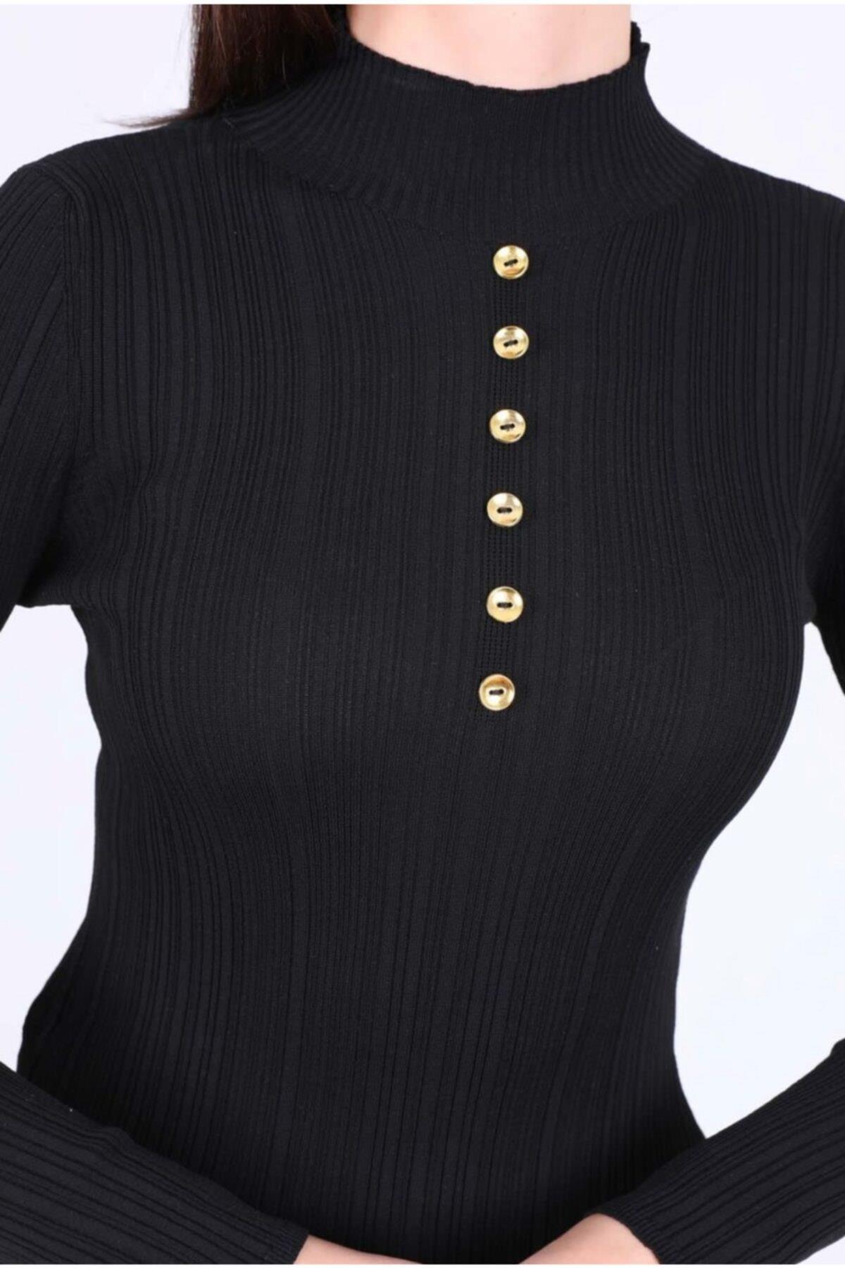 Kadın Düğme Detaylı Likralı Siyah Kazak