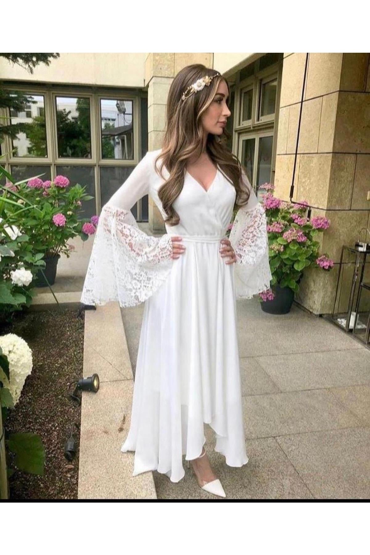 Kadın Güpür Detaylı Beyaz Nikah Elbisesi