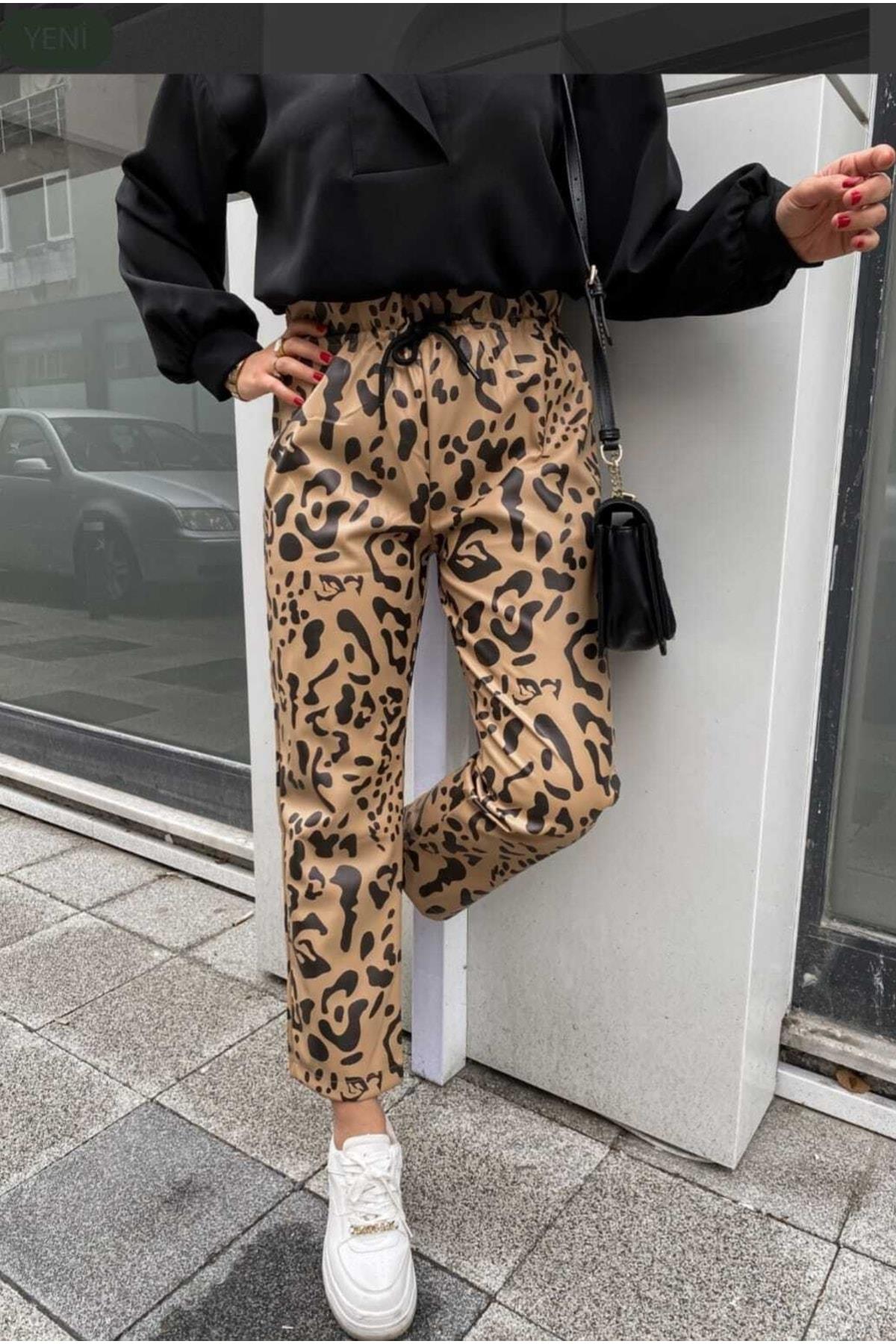 Kadın Leopar Desenli Havuç Deri Pantolon