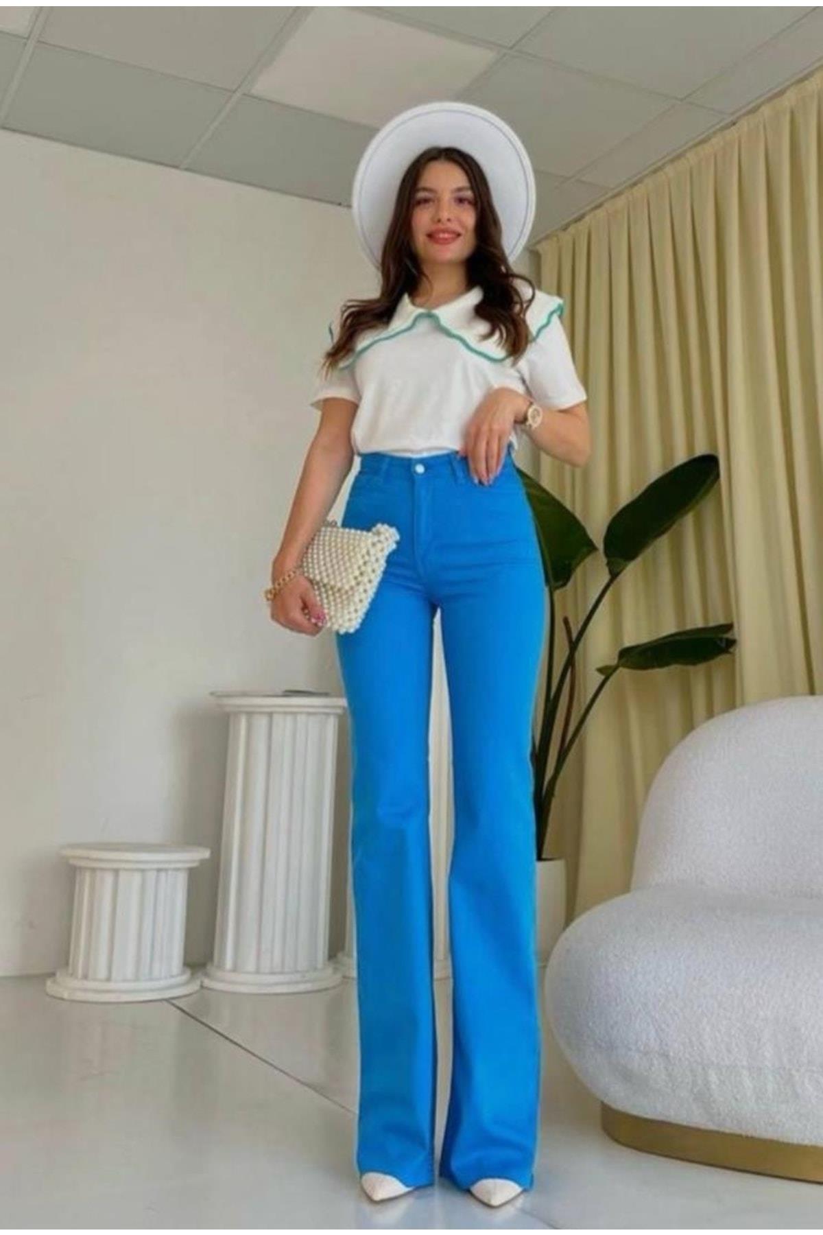 Kadın Mavi Ispanyol Denim Pantolon