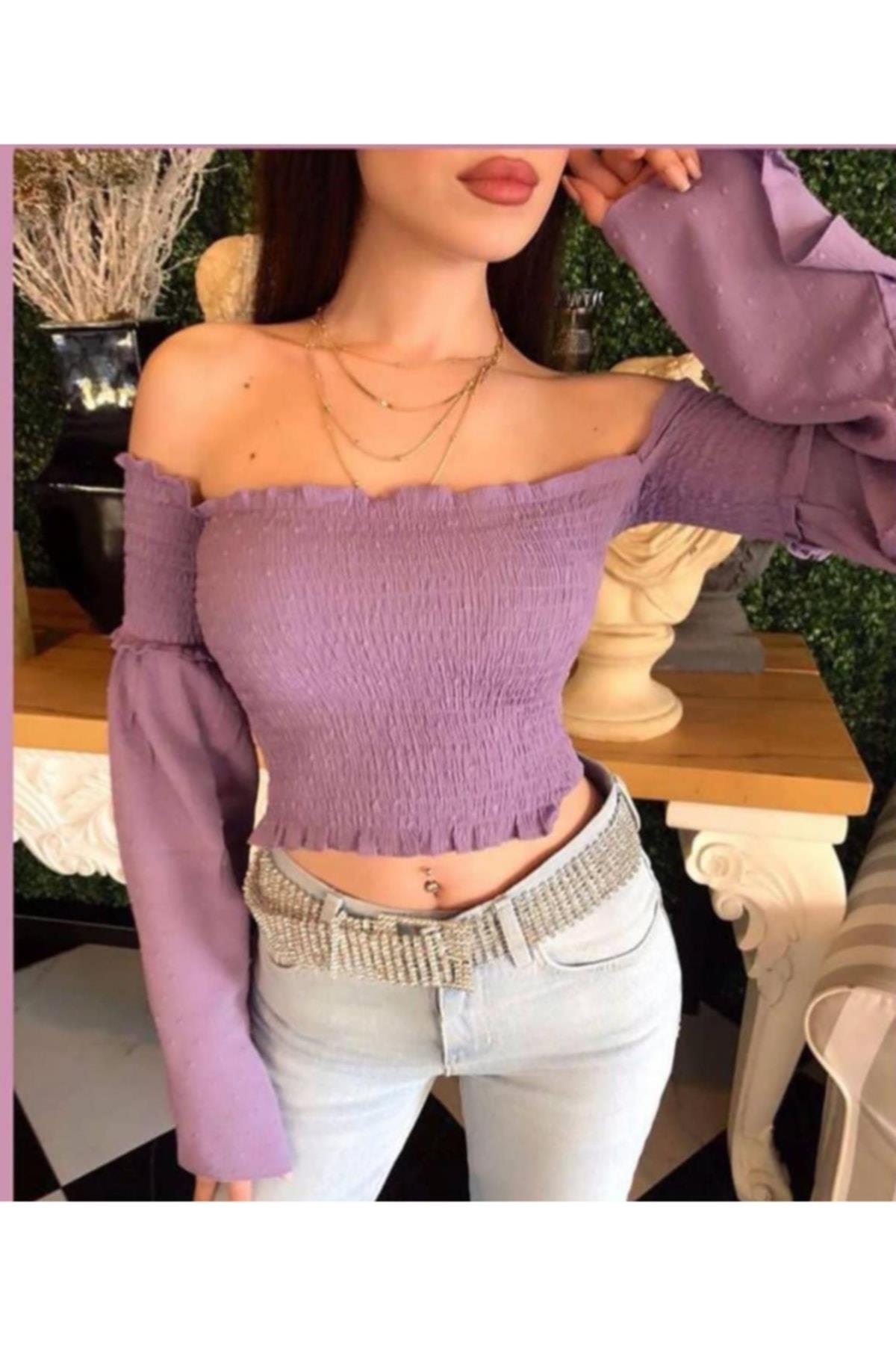 Kadın Omuz Açık Lila Crop Bluz