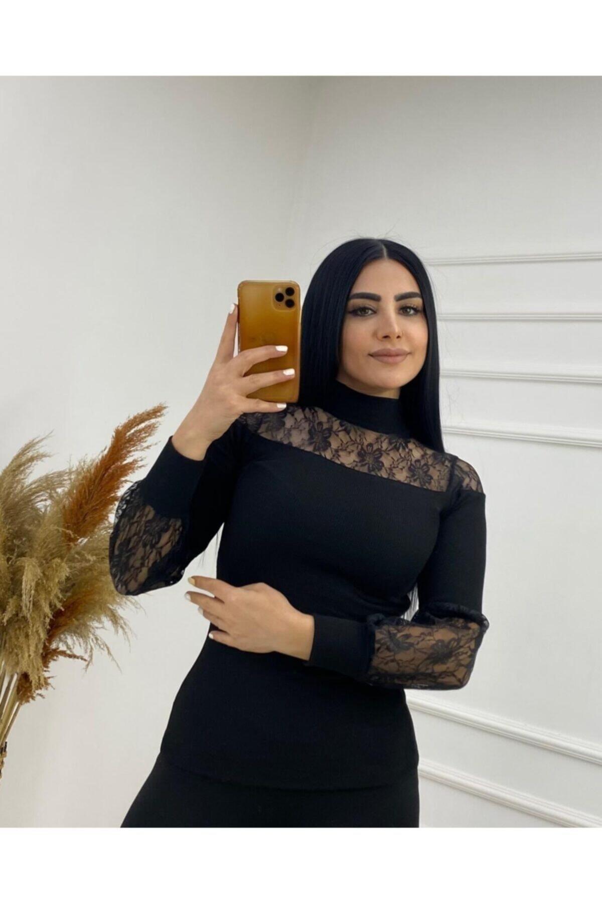 Kadın Omuz Kol Dantel Detay Beyaz Kazak