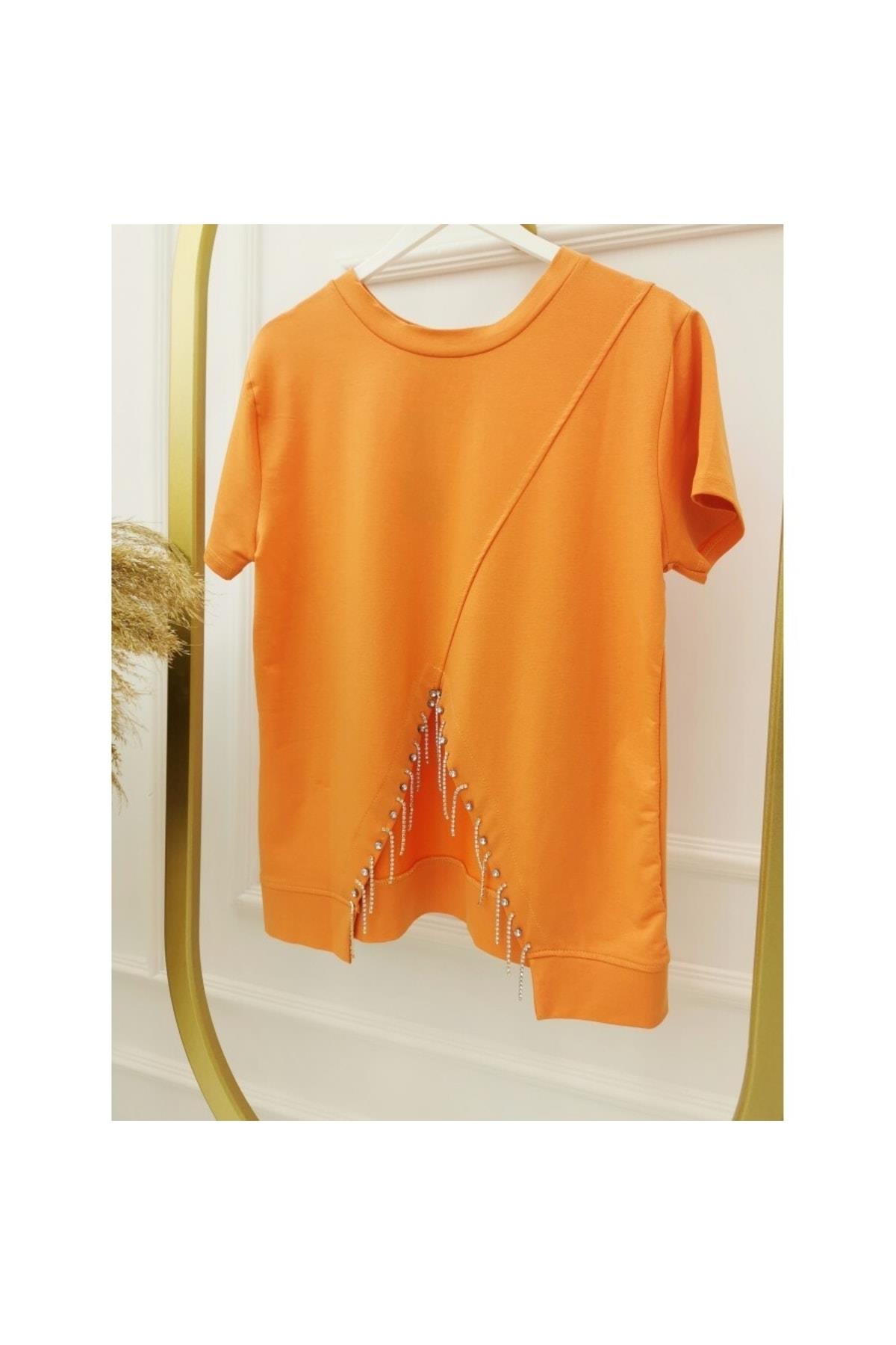 Kadın Önü Taşlı Turuncu T-shirt