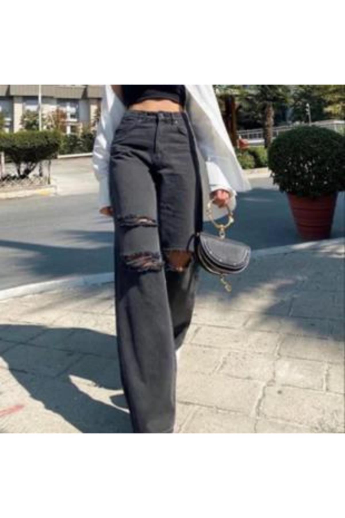 Kadın Palazzo Füme Yırtık Jean Pantolon