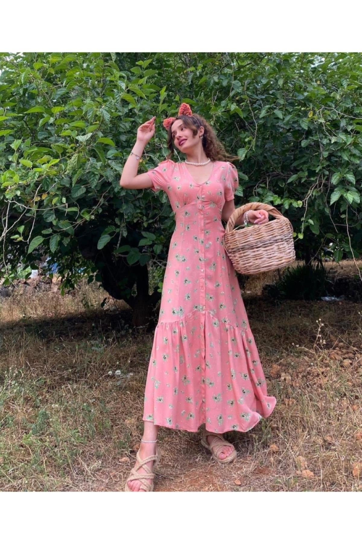Kadın Pembe Çiçekli Düğmeli Elbise