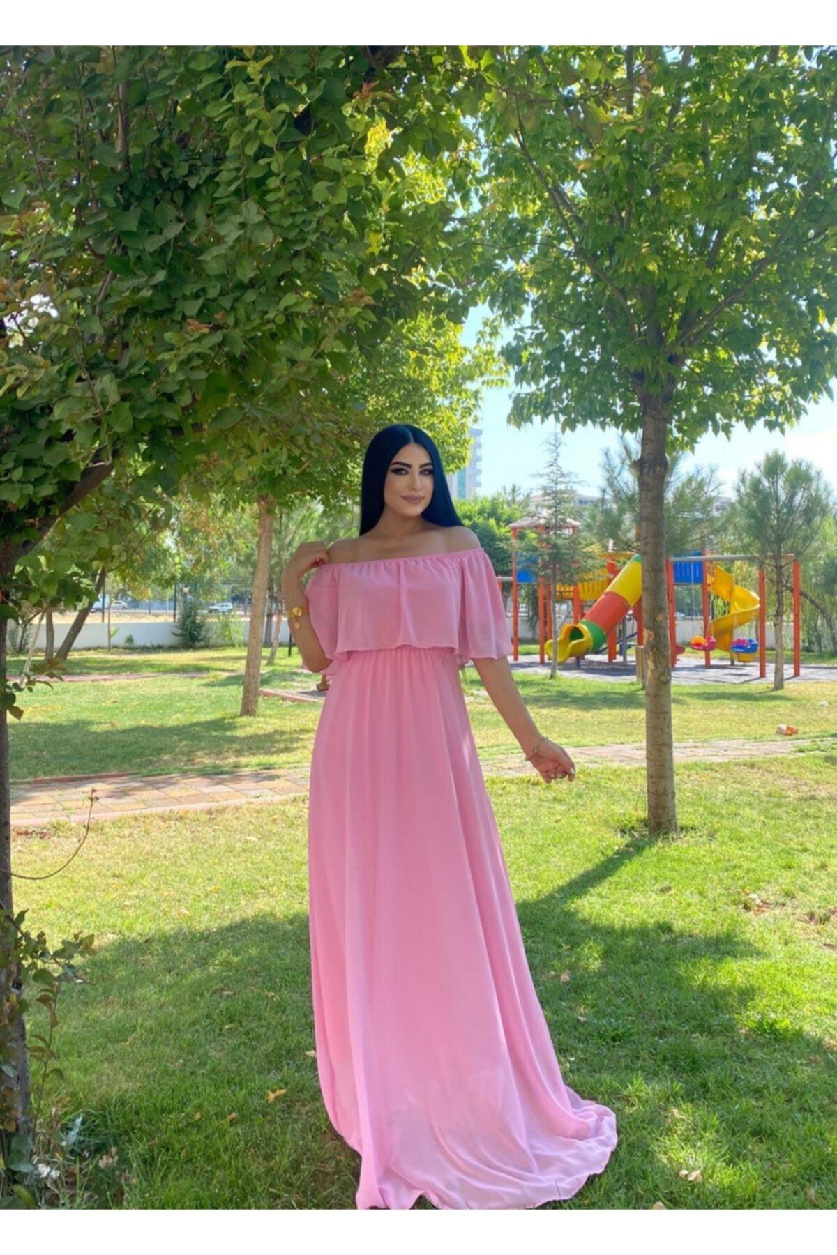 Kadın Pembe Madonna Yaka Şifon Elbise