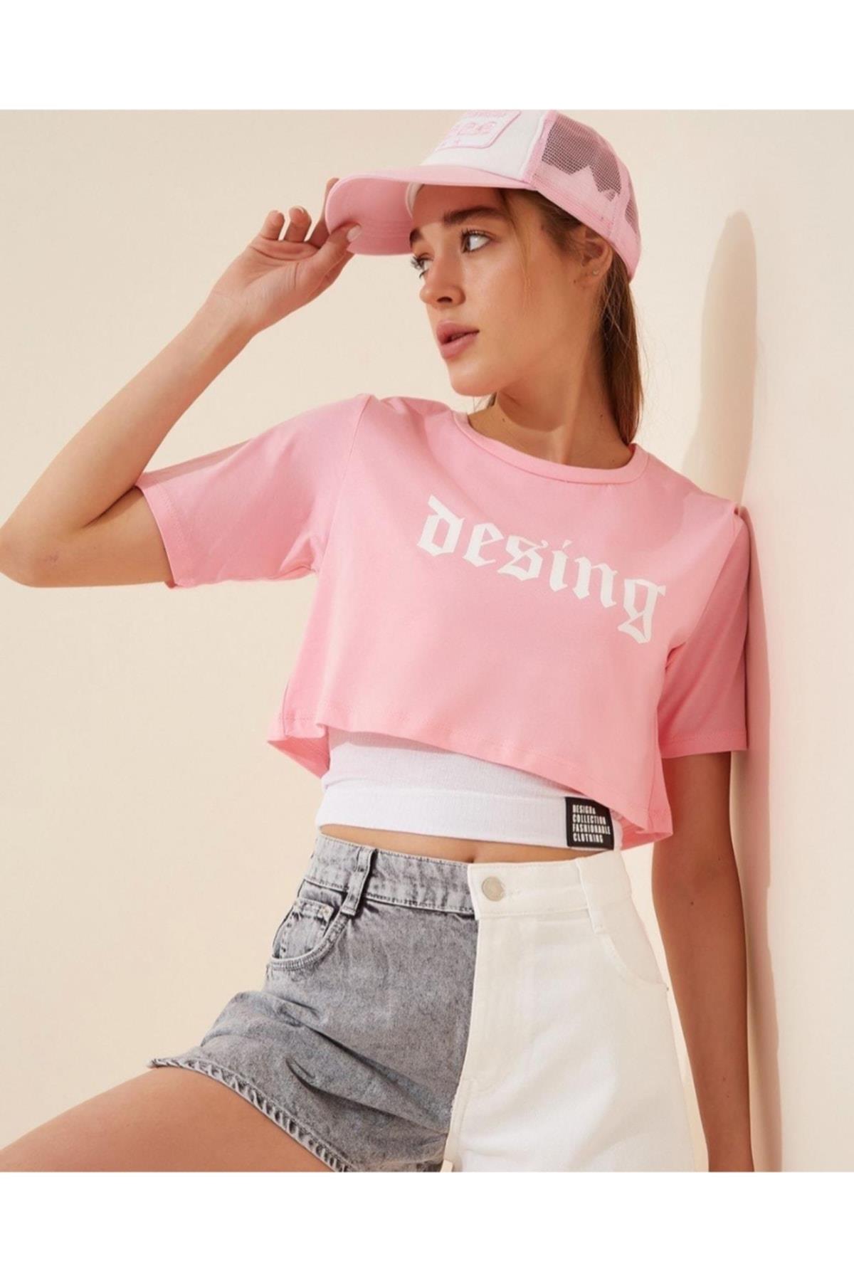 Kadın Pembe Yazılı Ikili Mini T-shirt