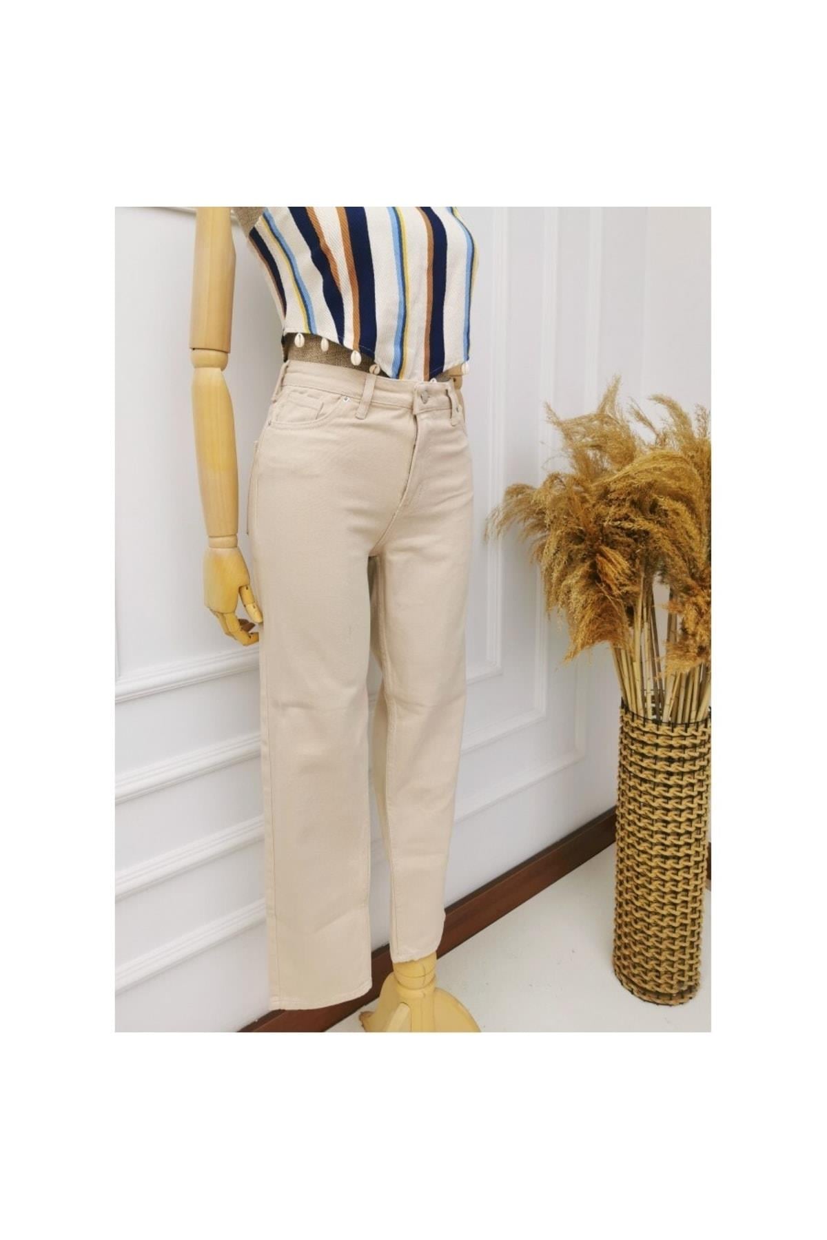 Kadın Regular Fit Krem Jean Pantolon