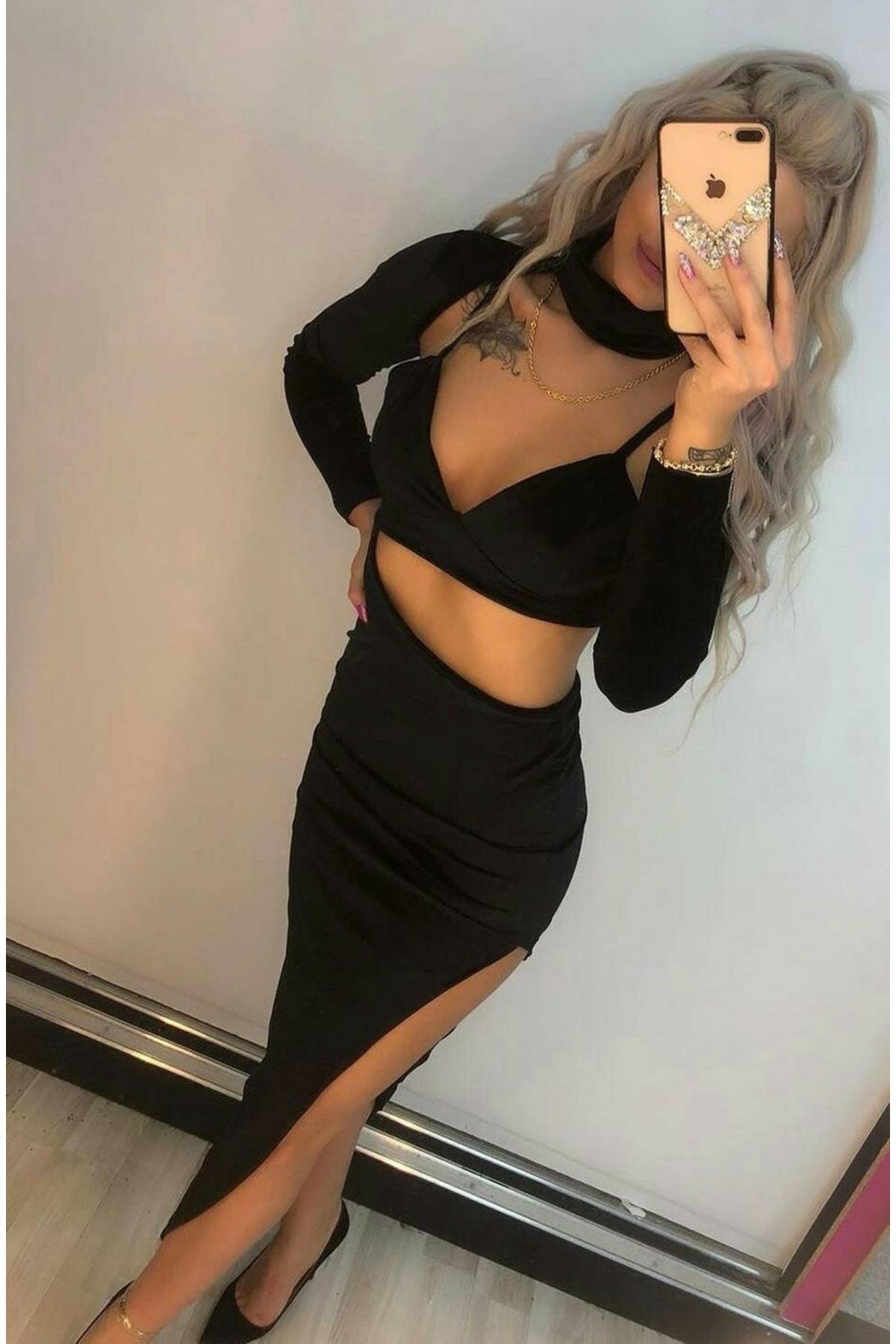 Kadın Siyah Dekolteli Kadife Elbise