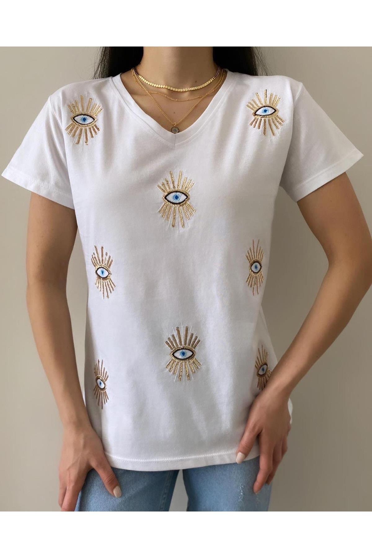 Kadın V Yaka Göz Desenli Beyaz Tasarım T-shirt