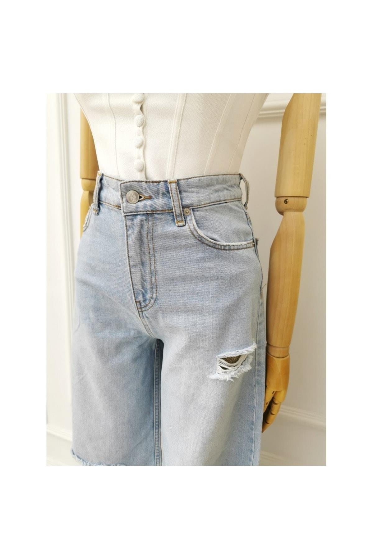 Kadın Yırtık Wide Leg Jean Pantolon