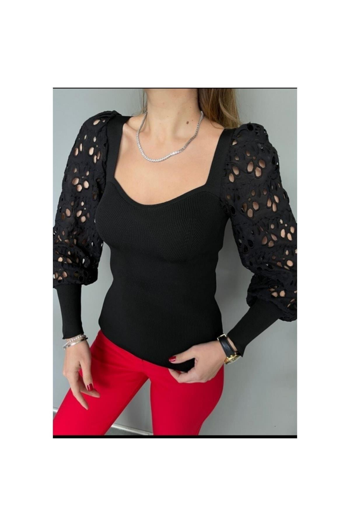 Kolu Fisto Öpücük Yaka Siyah Çelik Triko