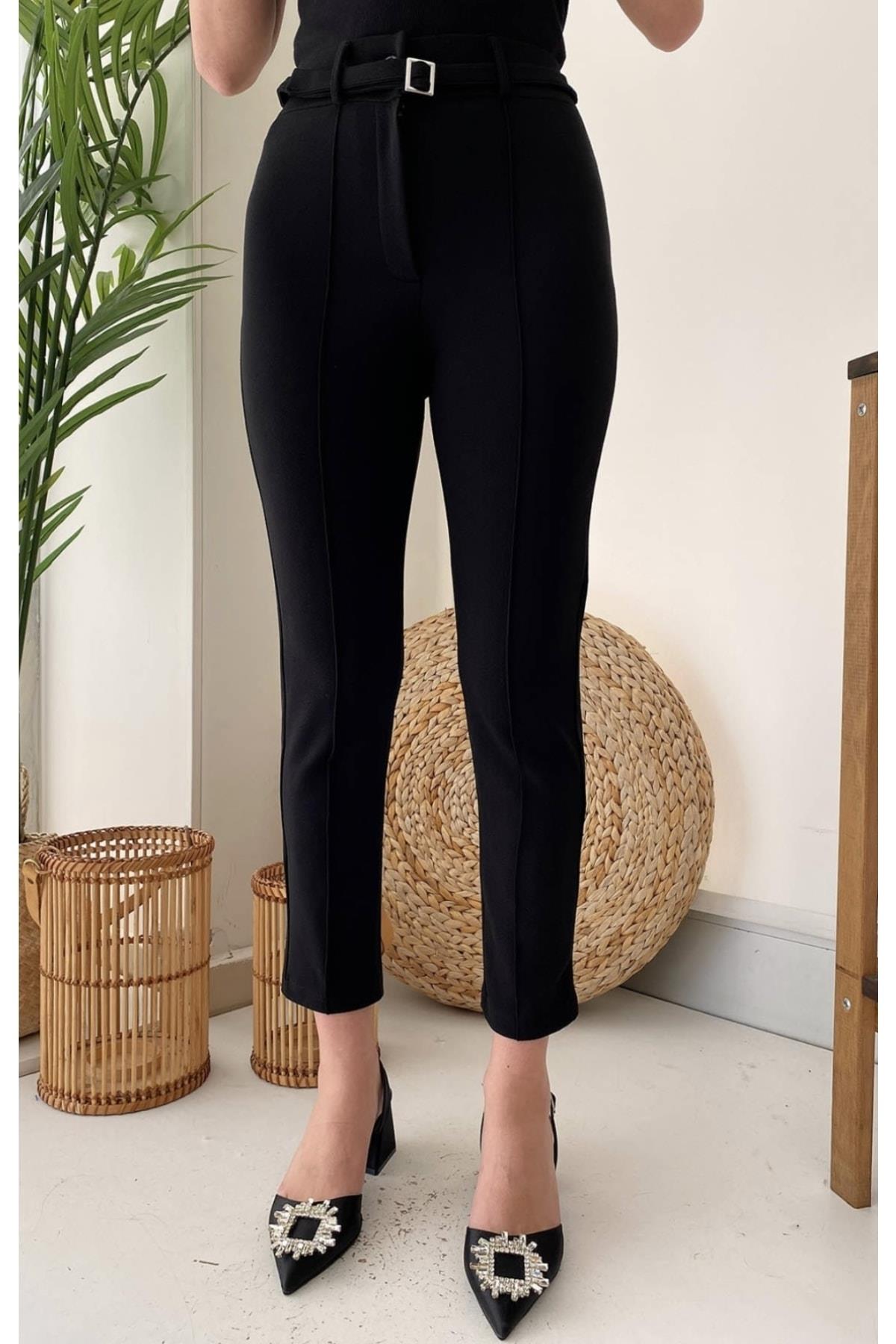 Likralı Crep Kumaş Ultra Yüksek Bel Kemerli Dar Pantolon