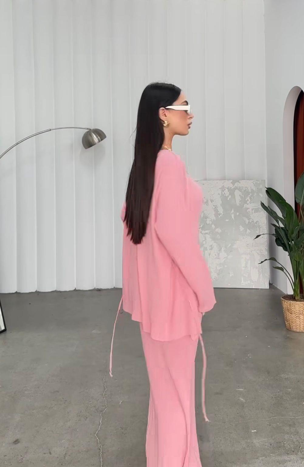 Pembe İp Askılı Elbise Hırka 