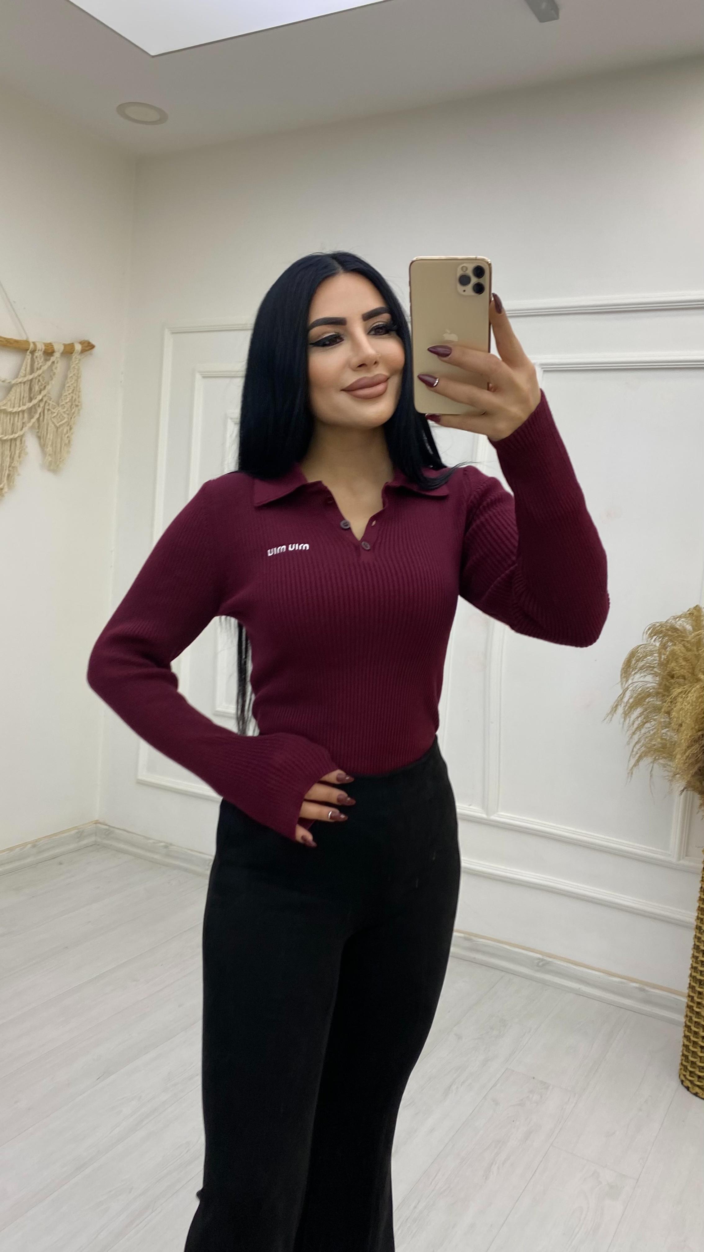 Polo Yaka Düğmeli Bordo Kazak