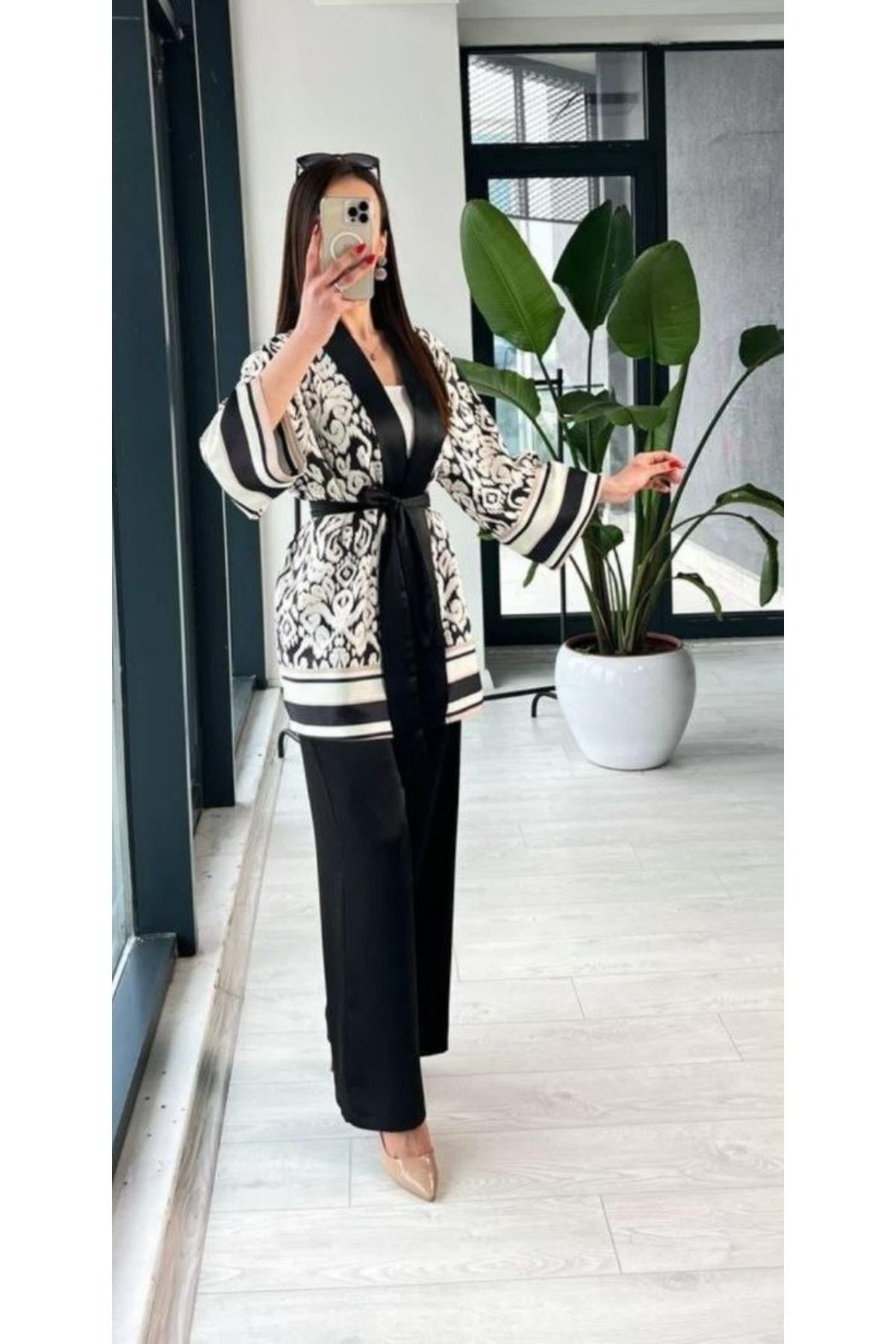 Premium Saten Kuşak Kimono Pantolon Siyah Takım