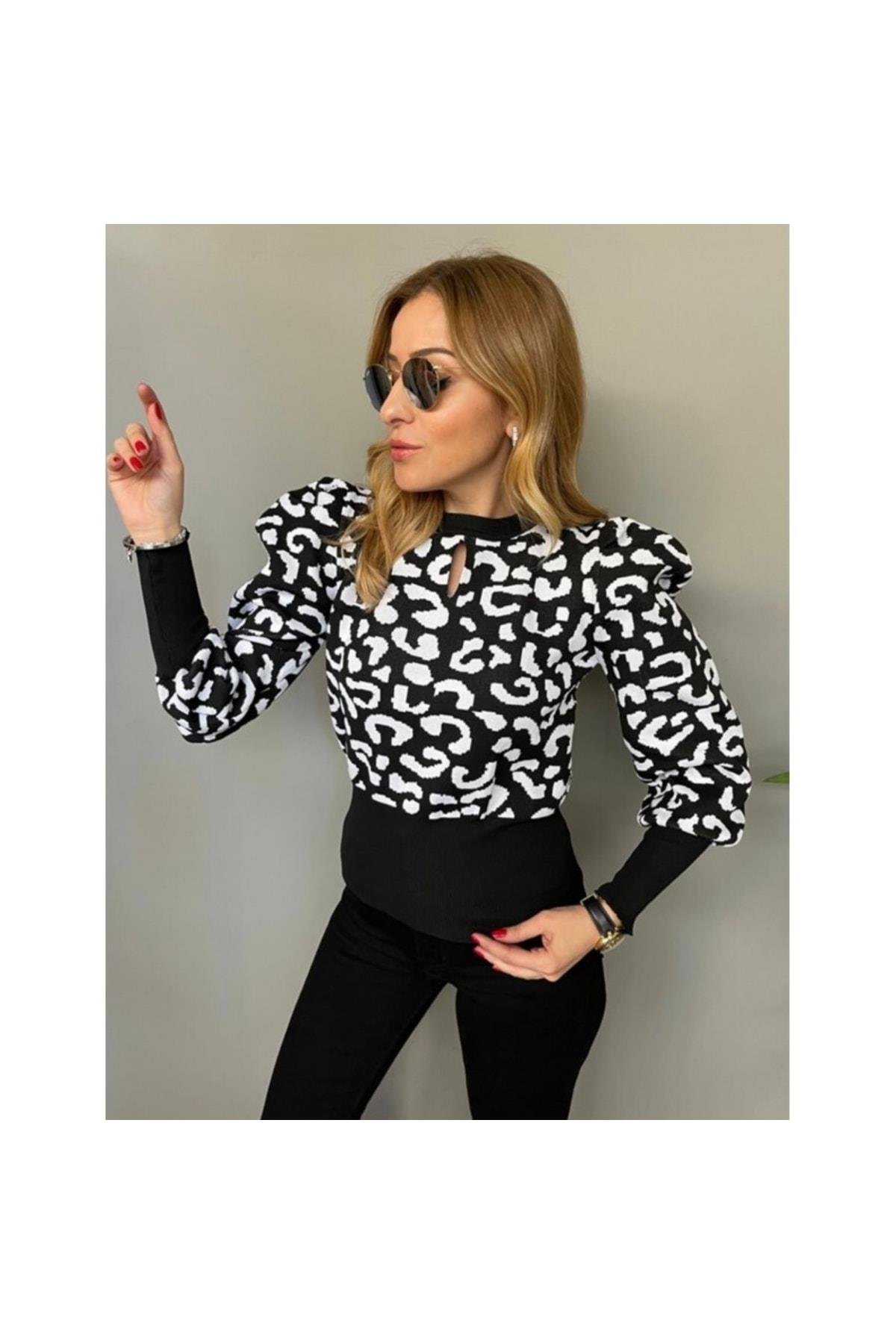 Siyah Beyaz Desenli Prenses Kol Çelik Triko