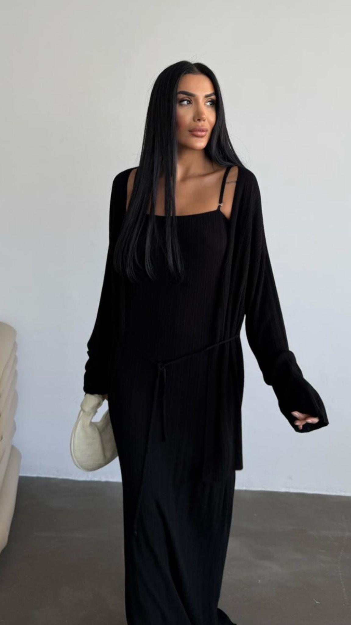 Siyah İp Askılı Elbise Hırka 