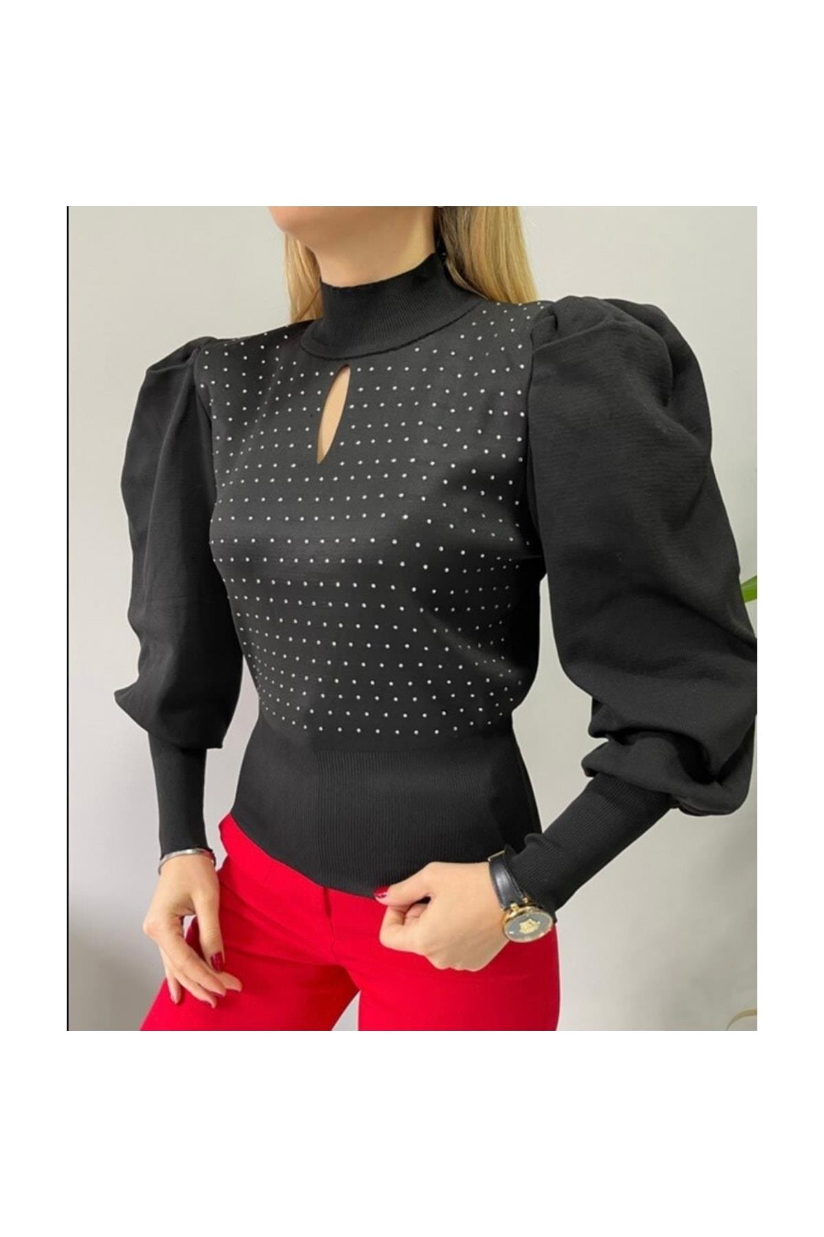 Taş Detaylı Prenses Kol Siyah Triko