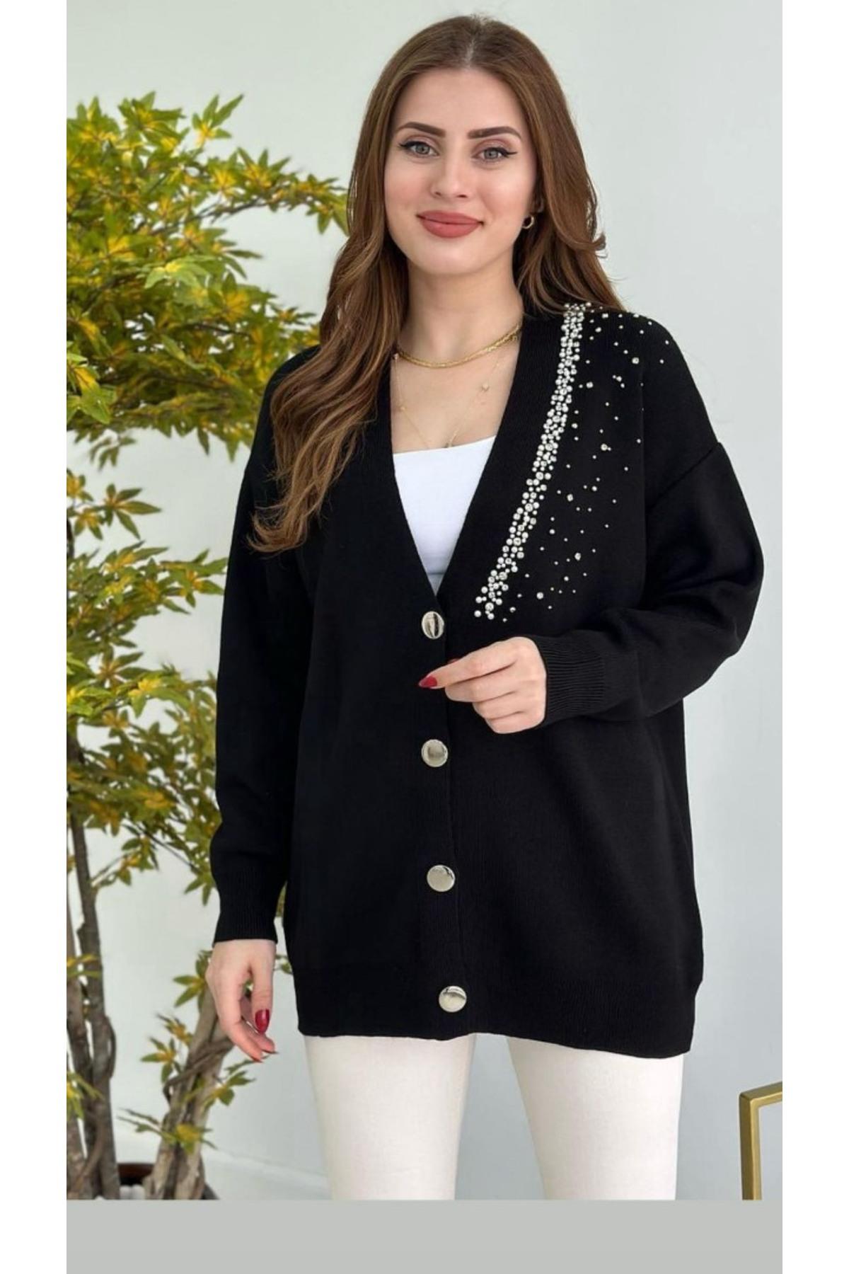 Taş Ve İnci İşlemeli Triko Siyah Hırka