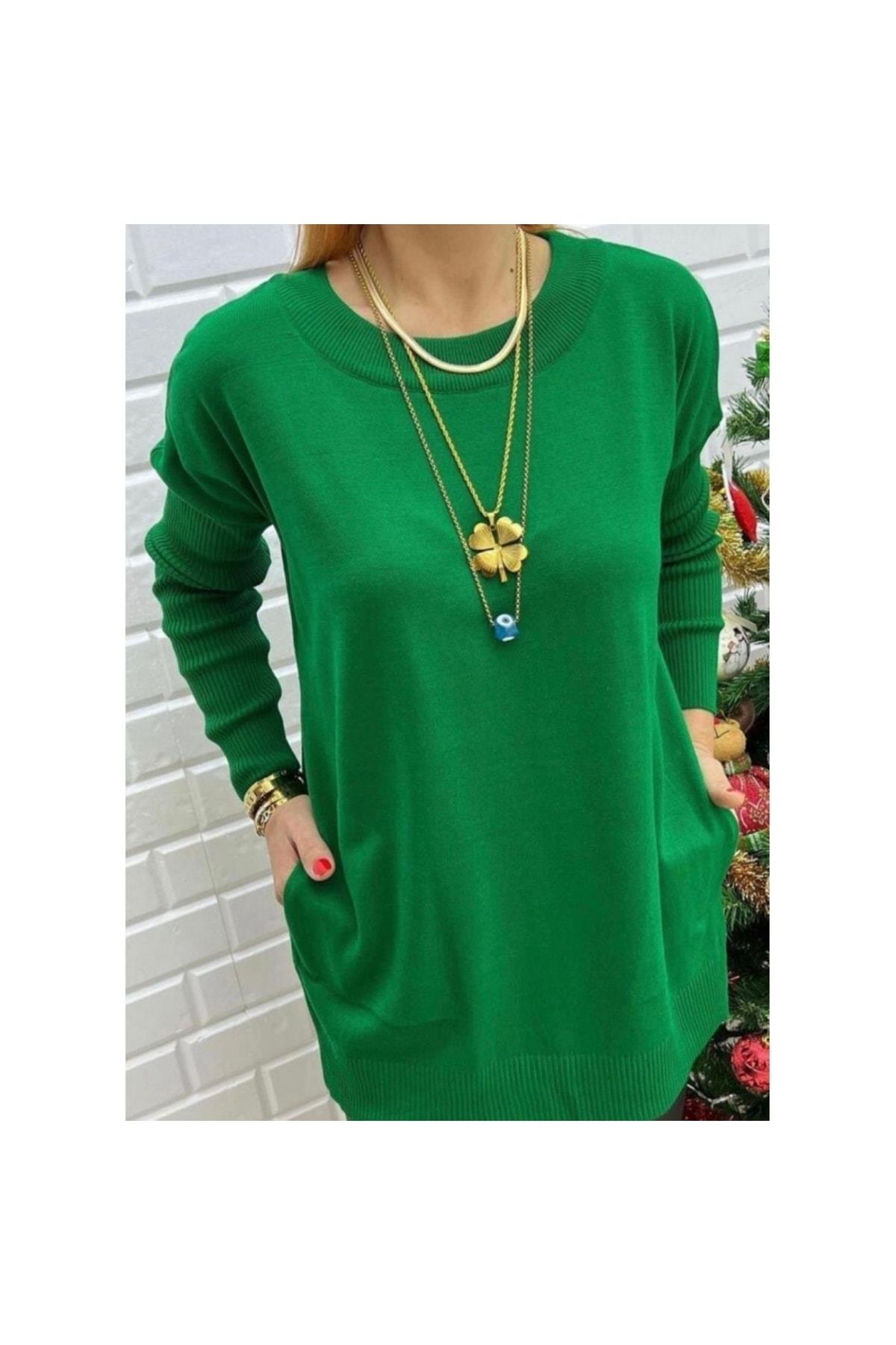 Yuvarlak Yaka Cepli Yeşil Triko Bluz